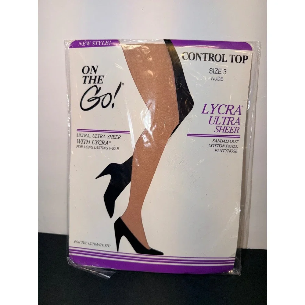 On The Go! Lycra Ultra Sheer Control Top Pantyhose Nude Sz 3 Sandalfoot OTG-3